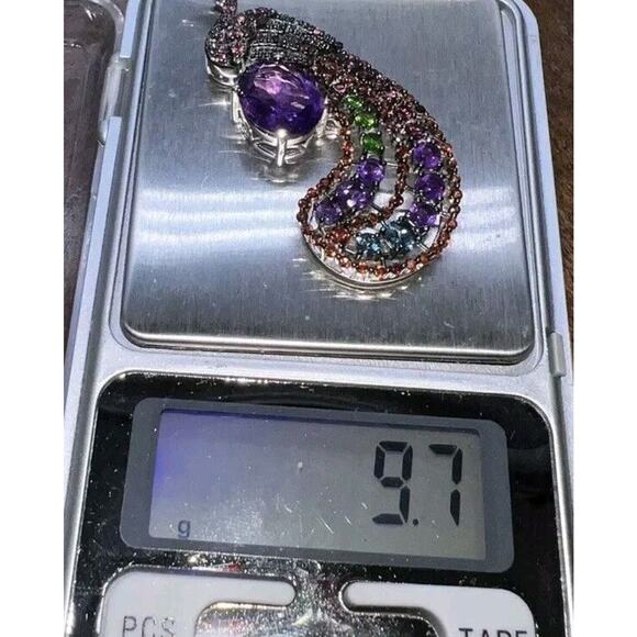 925 Sterling Crystal Peacock Pendant Necklace 2” Signed DK Bird Rhinestones - Picture 6 of 8